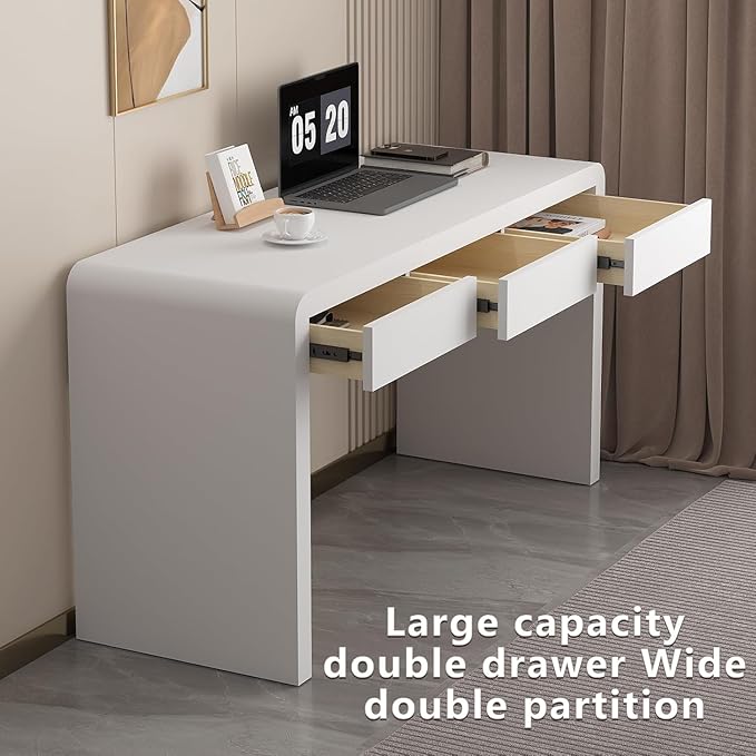 Executive Desk with Drawers, White Computer Desk with Drawers with Three-Layer Lacquered Thick Wooden Board, 55 inch Modern Home Office Desk for Study, Living Room, Bedroom