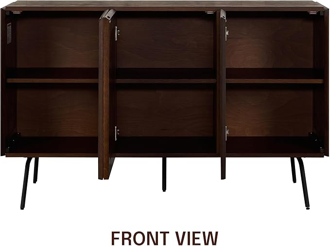 NTC MOSSIC Modern Sideboard with 3 Doors, Natural Rattan Storage Cabinet, Buffet with Metal Legs, Boho Accent Cabinet for Living Room, and Entryway, Effortless Assembly - Dark Walnut