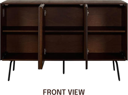 NTC MOSSIC Modern Sideboard with 3 Doors, Natural Rattan Storage Cabinet, Buffet with Metal Legs, Boho Accent Cabinet for Living Room, and Entryway, Effortless Assembly - Dark Walnut