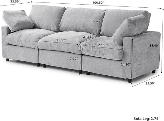 WJShome Modern Sectional Couches for Living Room,100 Inch 3-Seater Chenille Deep Seat Modular Sofa, Cloud Couch for Bedroom and Apartment，Gray