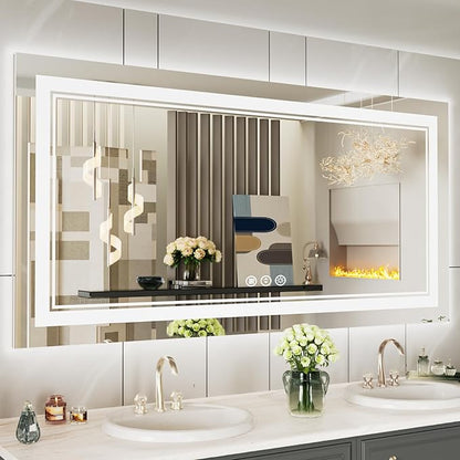 60x30 Inch LED Bathroom Mirror with Lights, Backlit and Front Lighted Bathroom Mirrors for Wall, Anti-Fog Dimmable Memory Shatterproof LED Vanity Mirror for Bathroom