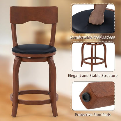 COSTWAY Bar Stools Set of 2, 24 Inch Swivel Counter Height Chairs with Rubber Wood Frame, Upholstered Seat, High Back Barstools for Kitchen Island, Home Bar, Pub, Brown (2, Seat Height: 24”)