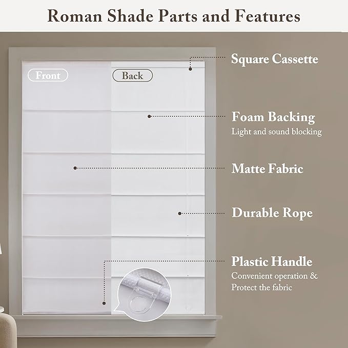 Madison Park Galen Matte White Cordless Roman Shades - Fabric Privacy Single Panel Darkening, Energy Efficient, Thermal Insulated Window Blind Treatment, for Home, Living Room Decor, 29" W x 64" H