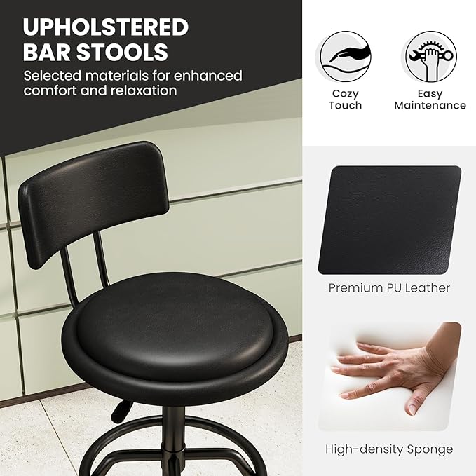 COSTWAY Adjustable Height Bar Stools Set of 2, 360 Degree Swivel, Modern Guitar Stool for High Ergonomic Seating, with PU Leather Cushion, Heavy Duty Steel Frame for Bar, Shop and Music, Garage, Black