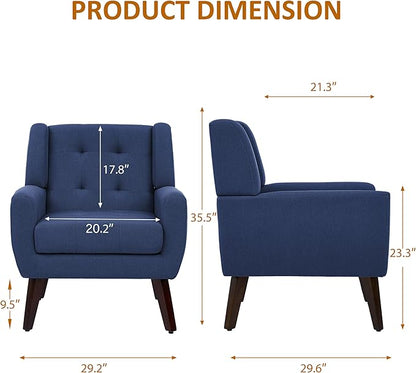 Accent Chair, Mid-Century Modern Upholstered Armchair, Comfy Fabric Living Room Chairs Reading Chairs with Button Tufted Back & Solid Wood Legs for Bedroom, Office, Blue