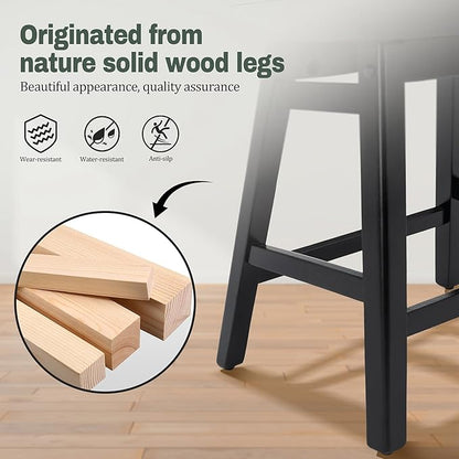 Counter Height Black Bar Stools Set of 6 for Kitchen Counter Farmhouse Modern Barstools with Faux Leather Upholstered Backless Seat and Solid Wood Legs 24 inch Bar Chairs