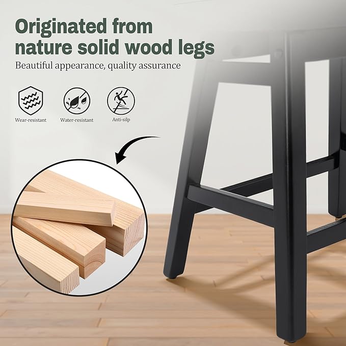 Counter Height Black Bar Stools Set of 3 for Kitchen Counter Farmhouse Modern Barstools with Faux Leather Upholstered Backless Seat and Solid Wood Legs 24 inch Bar Chairs