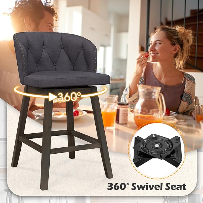 COSTWAY Counter Height Bar Stools Set of 4, Fabric Upholstered Island Stools with 360° Swivel Seat & Button-Tufted Back, Modern Pub Stools with Solid Rubber Wood Frame (Grey,4)