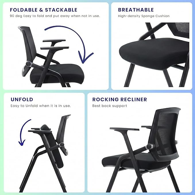 4 Pack Stackable Conference Room Chairs with Paddle Folding Office Chair Foldable Desk Chair Mesh Back and Arms for Conference Meeting Guest Reception Home Office Training Room Chair Black