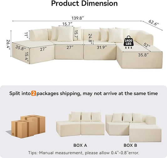 140''Oversized Cloud Velvet Curved Sectional Couch, Boneless Couch with L-Shape Chaise, Upholstered Compression Memory Foam Modular Sectional Sofa for Living Room, No Assembly Required, Beige