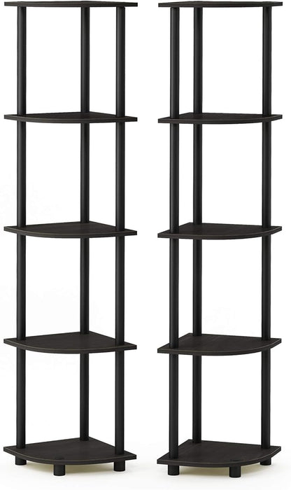 Furinno TURN-N-TUBE Corner Shelf Set of 2, 5-Tier Corner Bookshelf, Open Storage Shelves, for Organization and Storage, Living Room, Home Office, Garage, Espresso
