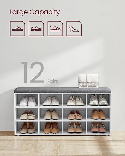 VASAGLE CUSTOS Collection - Shoe Bench, Storage Bench with Padded Seat, Entryway Bench with 12 Compartments, for Bedroom, 11.9 x 40.9 x 18.9 Inches, Cloud White and Slate Gray ULHS012W14