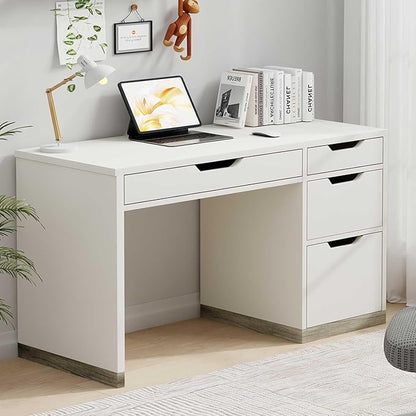 White Desk with Drawers, 48 Inch Small Computer Desk with 4 Storage Drawers for Small Space, Home Office Desk for Bedroom with Storage File Cabinet