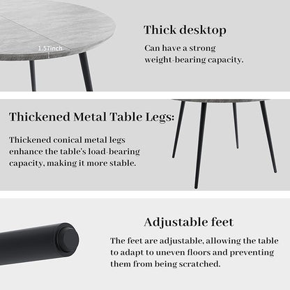 43.3"-59.1" Extendable Round Dining Table Set, Kitchen Table for 6 Person with Scratch-Resistant Thickened MDF Board, Gray Coffee Table w/Metal Legs