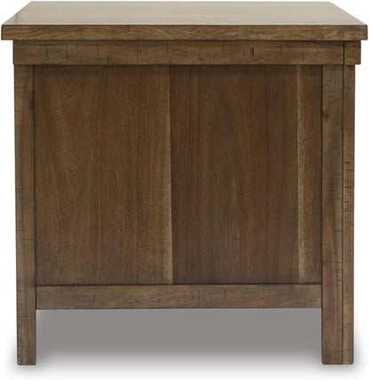 Signature Design by Ashley Moriville Rustic Farmhouse Rectangular End Table with Dual Cabinet Doors, Antique Bronze-Tone Hardware, Wood, 25" High, Brown