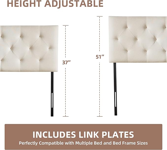Linen Upholstered Headboard Twin Size, Diamond Tufting Solid Wood Twin XL Headboard Only, Adjustable Height from 37” to 51” Head Board, Dorm Bed Frame or Wall Mount Headboards, Beige