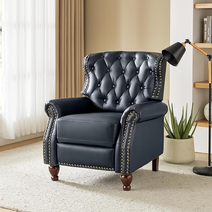 HULALA HOME Genuine Leather Recliner Chair with Solid Wood Feet, Modern Adjustable Tufted Push Back Arm Chair w/Rivet Decoration, Home Theater Seating Single Reclining Sofa for Living Room, Navy