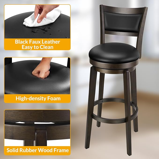 PrimeZone Swivel Bar Stools Set of 2, 34 Inch Extra Tall Bar Height Barstools, Black Faux Leather Bar Stool with High Backrest, Solid Wood Leg, Wrap-Around Footrest, Counter Stools for Pub
