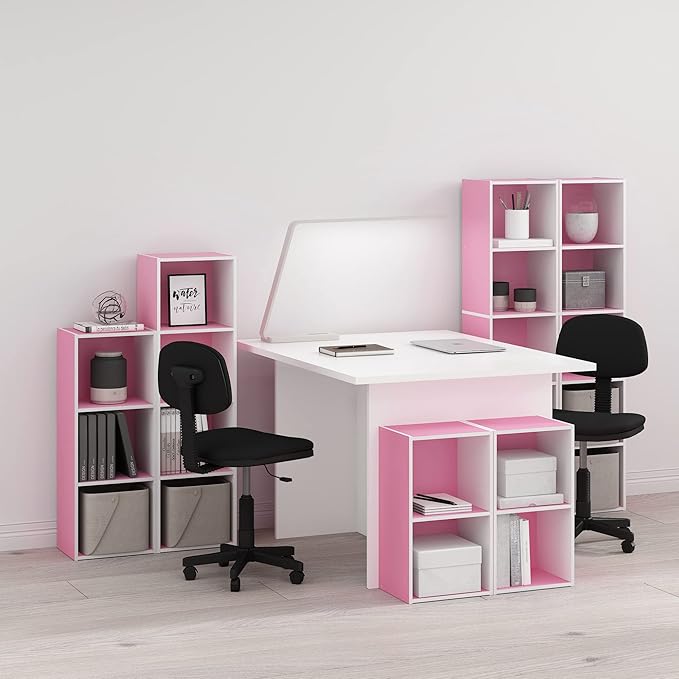 Furinno PASIR Book Shelf, 4-Tier Modern Bookshelf, Open Shelves Bookcase 9 x 12 x 42, for Living Room, Bedroom, Home Office, Pink/White