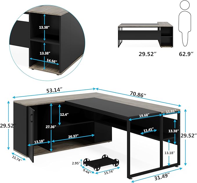 Tribesigns 71 inch Executive Desk, L Shaped Desk with Cabinet Storage, Executive Office Table with Shelves, Business Furniture Set Workstation for Home Office, Gray