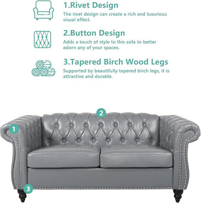 Loveseat Sofa Couch, Modern PU Leather Upholstered Sofa, Oversized Comfy 2 Seater Love Seat Couch with Cushions, Mid Century Tufted Chesterfield Sofa for Living Room, Bedroom, Apartment (Grey)