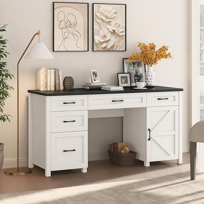 Farmhouse 61" Executive Desk with 5 Drawers,Rustic Office Computer Desk with Charging Station,File Drawers and Storage Cabinet, Wood Workstation for Home Office and Study, Black.
