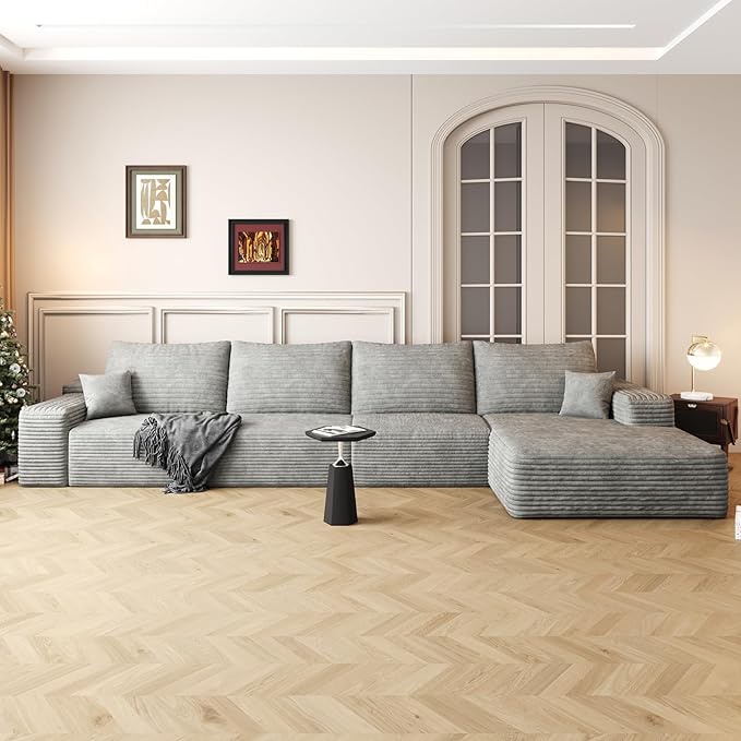 135.4" Large Cloud Modular Sectional Sofa with L-Shape Chaise, Deep Seat Upholstered Couches for Living Room, No Assembly Required, Corduroy Pet-Friendly Fabric (Grey, Right Facing Chaise)
