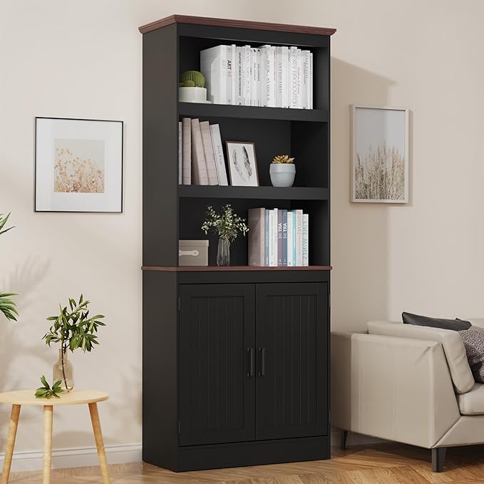MHOM 71" Tall Bookshelf with Doors, 5 Tiers Farmhouse Bookcase with Adjustable Shelves, Wooden Rustic Display Cabinet for Home Office, Living Room, Black