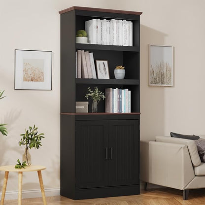 MHOM 71" Tall Bookshelf with Doors, 5 Tiers Farmhouse Bookcase with Adjustable Shelves, Wooden Rustic Display Cabinet for Home Office, Living Room, Black