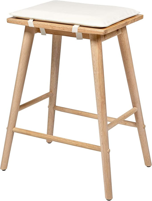 JONATHAN Y CSL2002B Peroni 26" MidCentury Classic Saddle-Seat Solid Wood/Vegan Leather Backless Counter Stool with Removeable Cushion for Pool, Deck, Poolside, Light Birch/Cream