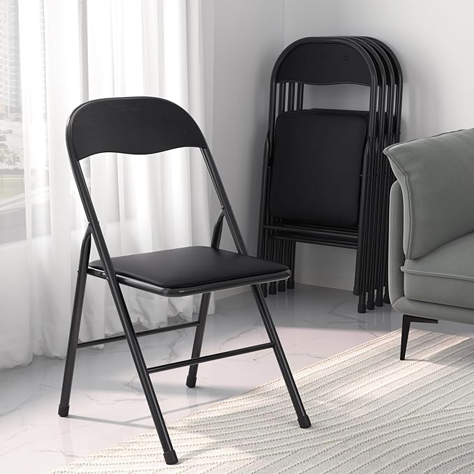 VECELO Folding Chairs 4 Pack Metal Portable with Soft PU Padded Seats for Home/Office/Party, Black