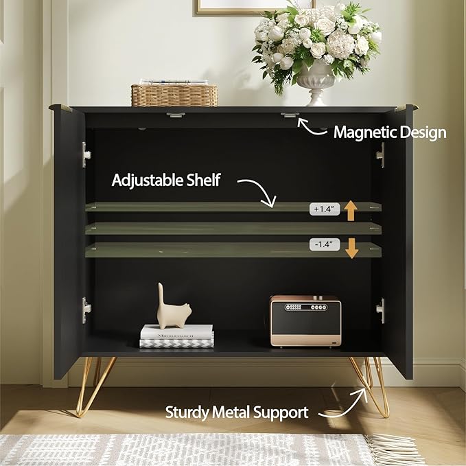 Fluted Storage Cabinet, Set of 2, Sideboard Buffet Cabinet, Modern Wood Accent Cabinet with Adjustable Shelves, Console Table for Living Room, Hallway, Entryway, Black