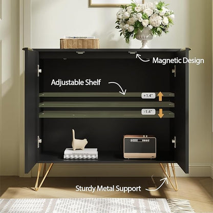 Fluted Storage Cabinet, Set of 2, Sideboard Buffet Cabinet, Modern Wood Accent Cabinet with Adjustable Shelves, Console Table for Living Room, Hallway, Entryway, Black