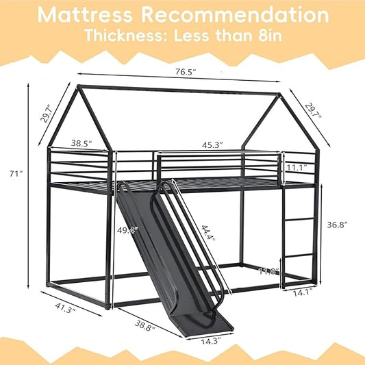 Bunk Bed with Slide for Kids,Bunk Bed Twin Over Twin, Metal Junior House Low Bunk Bed, Toddler Floor Bunk Beds Frame with Guardrail for Kids, Convertible Slide and Ladder Noise Free(New Black)