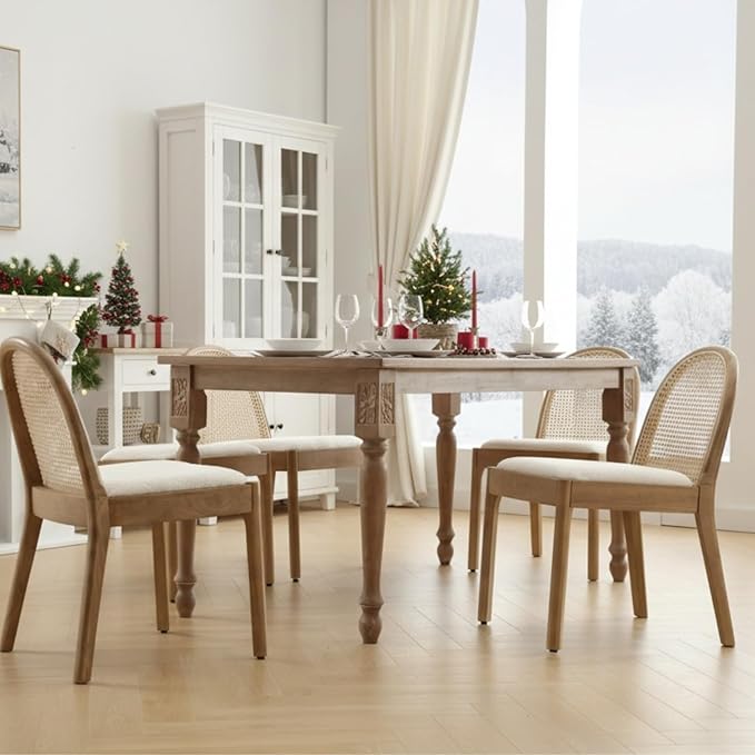 Upholstered Wooden Dining Chairs Set of 2, Farmhouse Kitchen & Dining Room Chairs with Cane Back, Accent Rattan Dining Table Chairs Sherpa Seat for Kitchen/Restaurant/Living Room, White