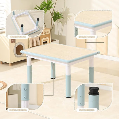 Kids Table and 2 Chairs Set, Height Adjustable Toddler Chairs, Graffiti Desktop Study With Anti-Slip Foot Covers, Children Activity Set for Ages 2-10, Blue Grey