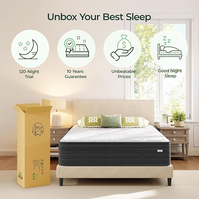 koorlian Queen Mattress 10 Inch - Cooling Hybrid Mattress in a Box for Back Pain Relief - Pocket Spring & Memory Foam | Fiberglass-Free, Medium Firm Feel, CertiPUR-US, 60"×80"×10"
