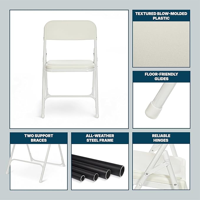 OEF Furnishings OEF800 Series Premium Heavy-Duty Plastic Folding Chairs, Lightweight, Durable Seating for Indoor and Outdoor Use, 500 lb Capacity (4-Pack, Ivory Plastic with White Frame)