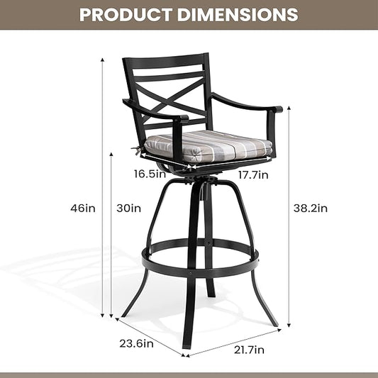 Pellebant 30" Sunbrella Outdoor Bar Stools Set of 2, Aluminum Swivel Patio Bar Height Barstools with Back & Footrest, Tall Barstool Chairs for Deck Lawn Garden, Milano Char