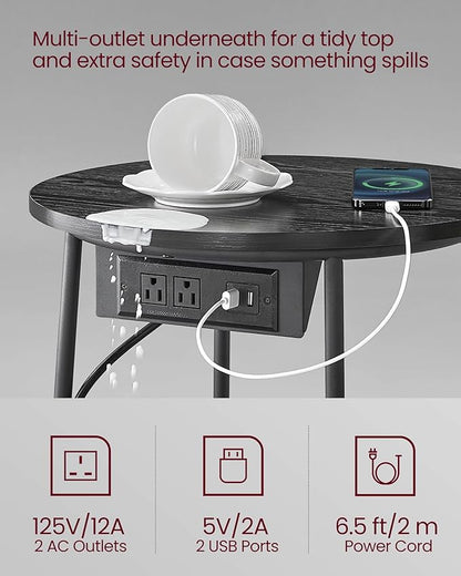 VASAGLE LILEA Collection - Side Table with Charging Station, Round End Table with Fabric Basket, Nightstand with USB Ports, for Living Room, Bedroom, Modern, Ebony Black and Slate Gray ULET228B01