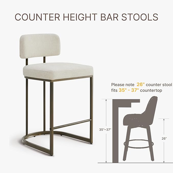 26" H Counter Height Bar Stools Set of 4, Modern Linen Fabric Upholstered Barstools with Backrest for Kitchen Island, Gold Metal Frames, Linen