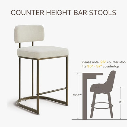 26" H Counter Height Bar Stools Set of 3, Modern Linen Fabric Upholstered Barstools with Backrest for Kitchen Island, Gold Metal Frames, Linen