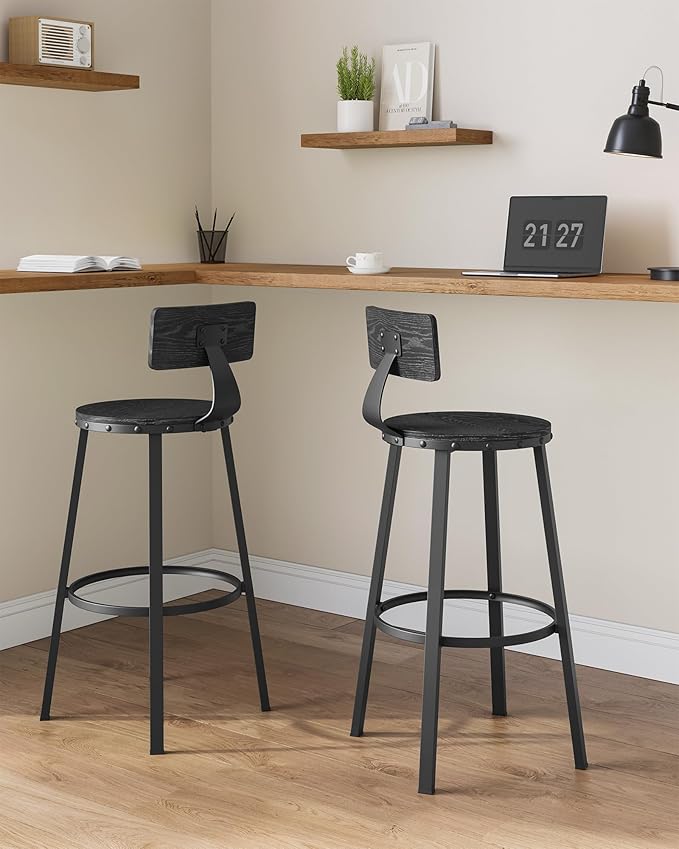 VASAGLE Bar Stools Set of 2, Bar Height Stools, 28.9 Inches Counter Barstools Chairs with Back for Dining Kitchen Island, Steel Frame, Industrial Style, Easy Assembly, Ebony Black