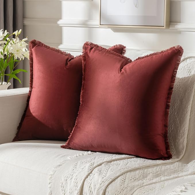 FUTEI Burgundy Velvet Decorative Throw Pillow Covers 24x24 Set of 2,Soft Cozy Edge with Tassels European Cushion Case,Boho Modern Home Decor for Couch Bed Living Room
