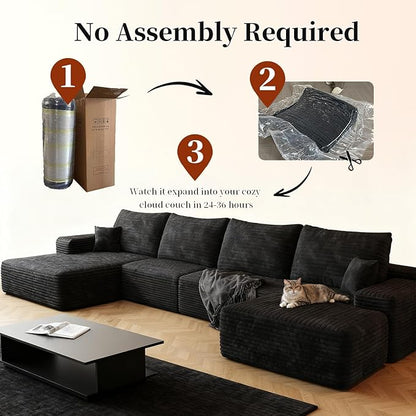 135.4" Large Cloud Modular Sectional Couch with Ottoman, Minimalist Upholstered Couches, Comfort U Shaped Sofa for Living Room,Deep Seat Corner Couch，No Assembly Required (Black,Left Facing Chaise)