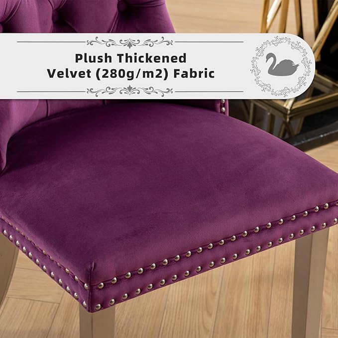 Velvet Upholstered Dining Chairs Set of 6, Modern Kitchen Side Chairs with Nailhead Trim and Silver Plated Leg, Metal Pulling Ring for Dining Room Living Room(Purple-Silver Plated Leg)