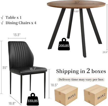 34.6'' Round Dining Table and Chairs for 4 Space Saving for Apartment Kitchen Dining Room (Walnut Table+4 Black Chairs)