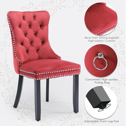 Velvet Upholstered Dining Chairs Set of 2, Modern Style Kitchen Side Chairs with Nailhead Trim and Wood Legs,Metal Pulling Ring for Dining Room Living Room(Wine Red,Set of 2)