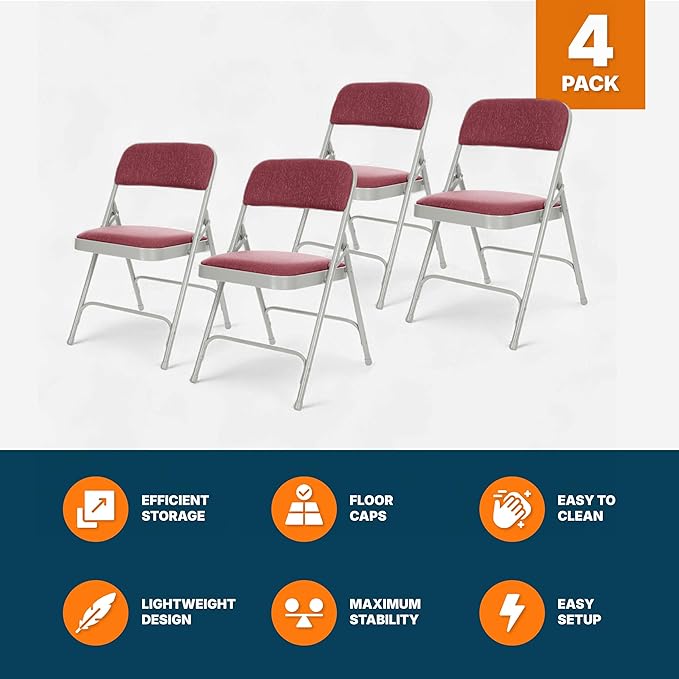 OEF Furnishings OEF2200 Series Heavy-Duty Premium Fabric Padded Upholstery Double-Hinged Folding Chairs (4-Pack, Crimson Red/Gray)