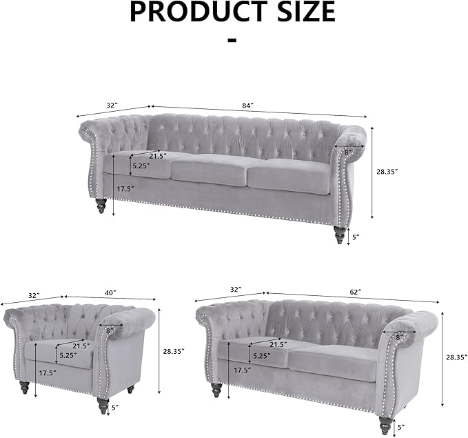 Home Sofa Living Room Furniture, 3 Seater 84" Velvet Upholstered Couch, Mid Century Modern Comfy Couch with Cushions, Classic Tufted Chesterfield Couches for Bedroom, Office, Apartment (Grey)